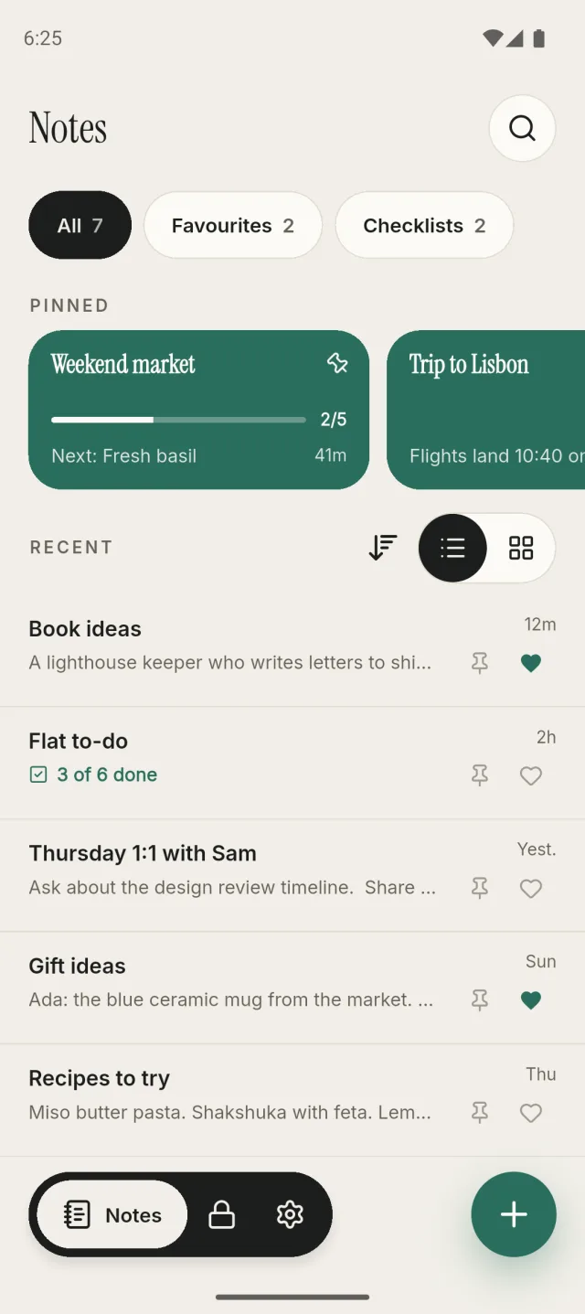 JNotes Home with pinned notes, a checklist and recent notes