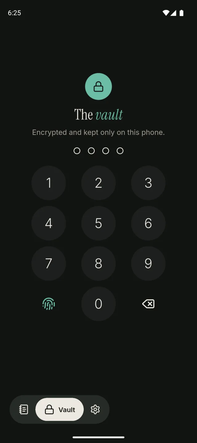 JNotes Vault passcode screen in dark mode