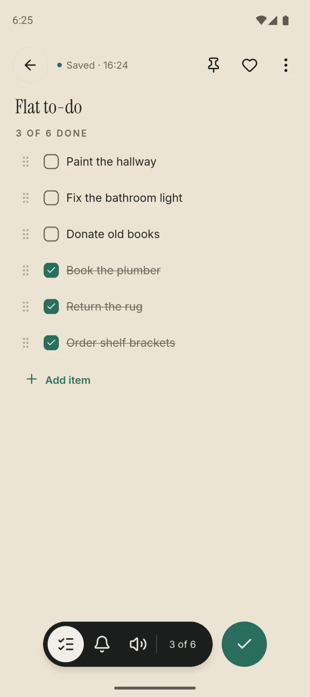 A checklist with three of six items done