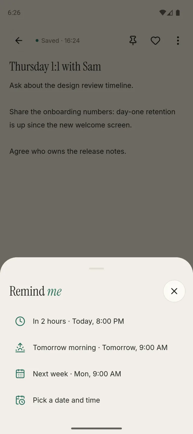 The Remind me sheet with quick times and a date picker