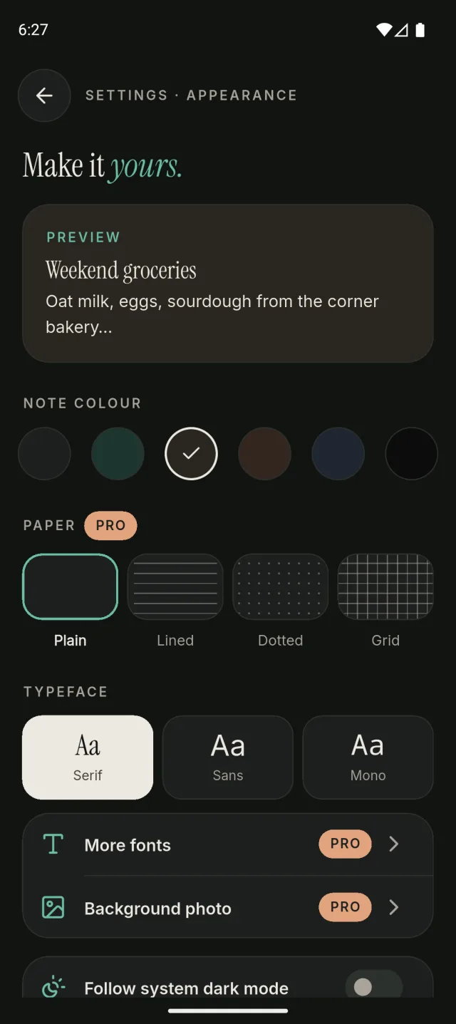 Appearance settings in dark mode with note colours, paper and typefaces